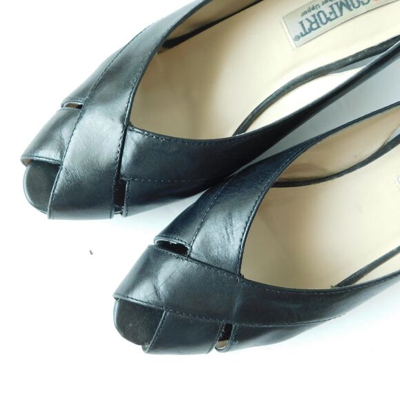 I LOVE COMFORT Shoes VINTAGE Womens 7.5 Black Leather Heels Pumps, Open Toe EUC - Picture 9 of 16